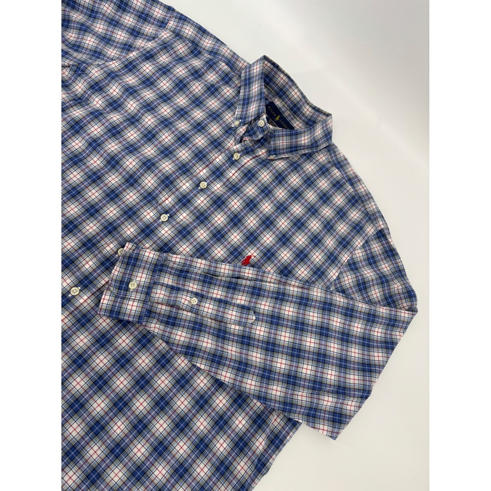 Ralph Lauren Mens Plaid Button Down Shirt Blue White Red 1XB Big & Tall Stretch